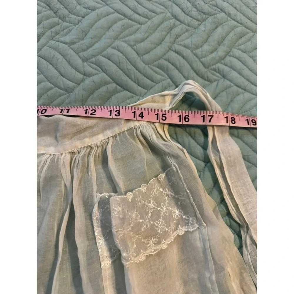 Vintage White Sheer Half Apron Lace Trim Dual Pockets Retro Kitchen Costume